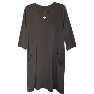 Eileen Fisher Large Gray V-Neck A-Line Stretch Jersey Knit Dress Pockets‎ NWT